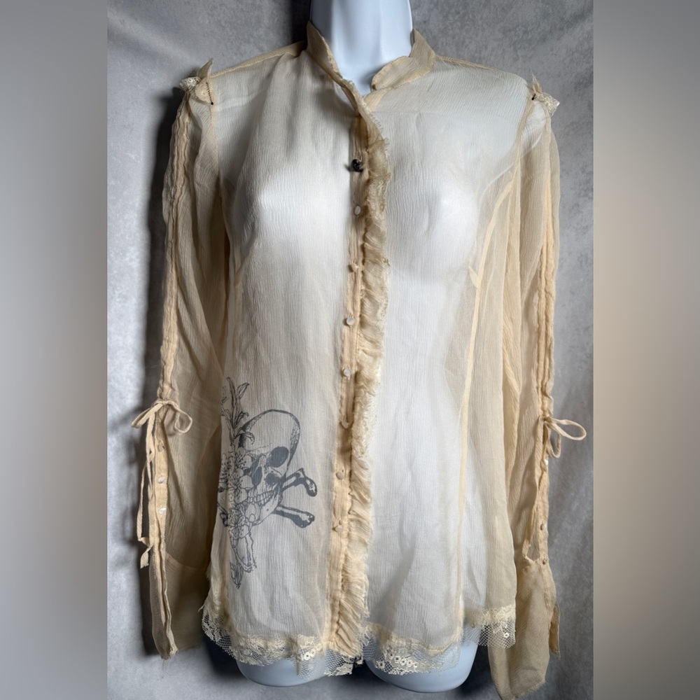 Vintage For Love and Liberty Johnny Was Silk Skull Gothic Button Shirt Top Y2K